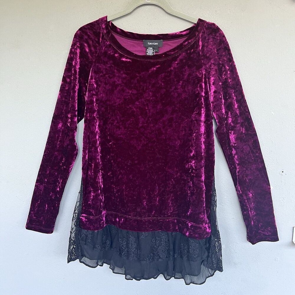 Karen Kane Crushed Velvet Tunic Top L Berry Wine Lace Inset Whimsigoth Witchy